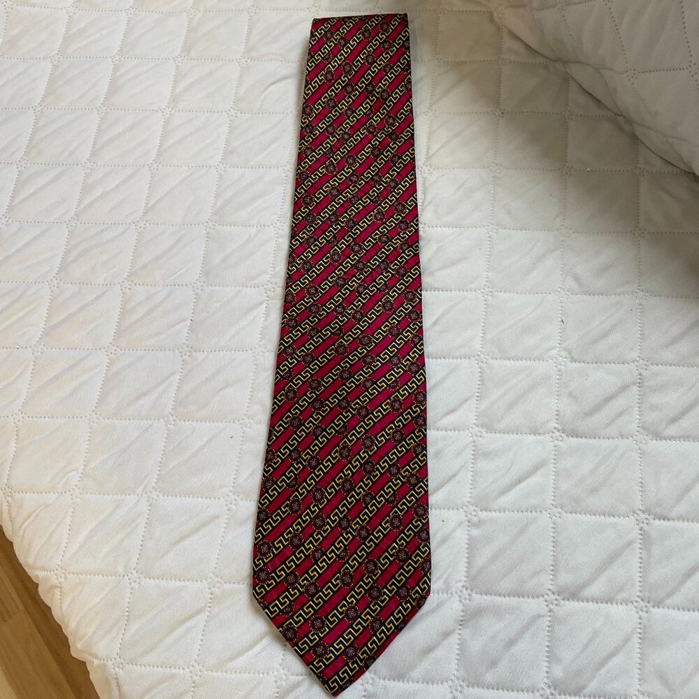 Versace Classic V2 Silk tie Burgundy w/ gold and black Greek design stripes.